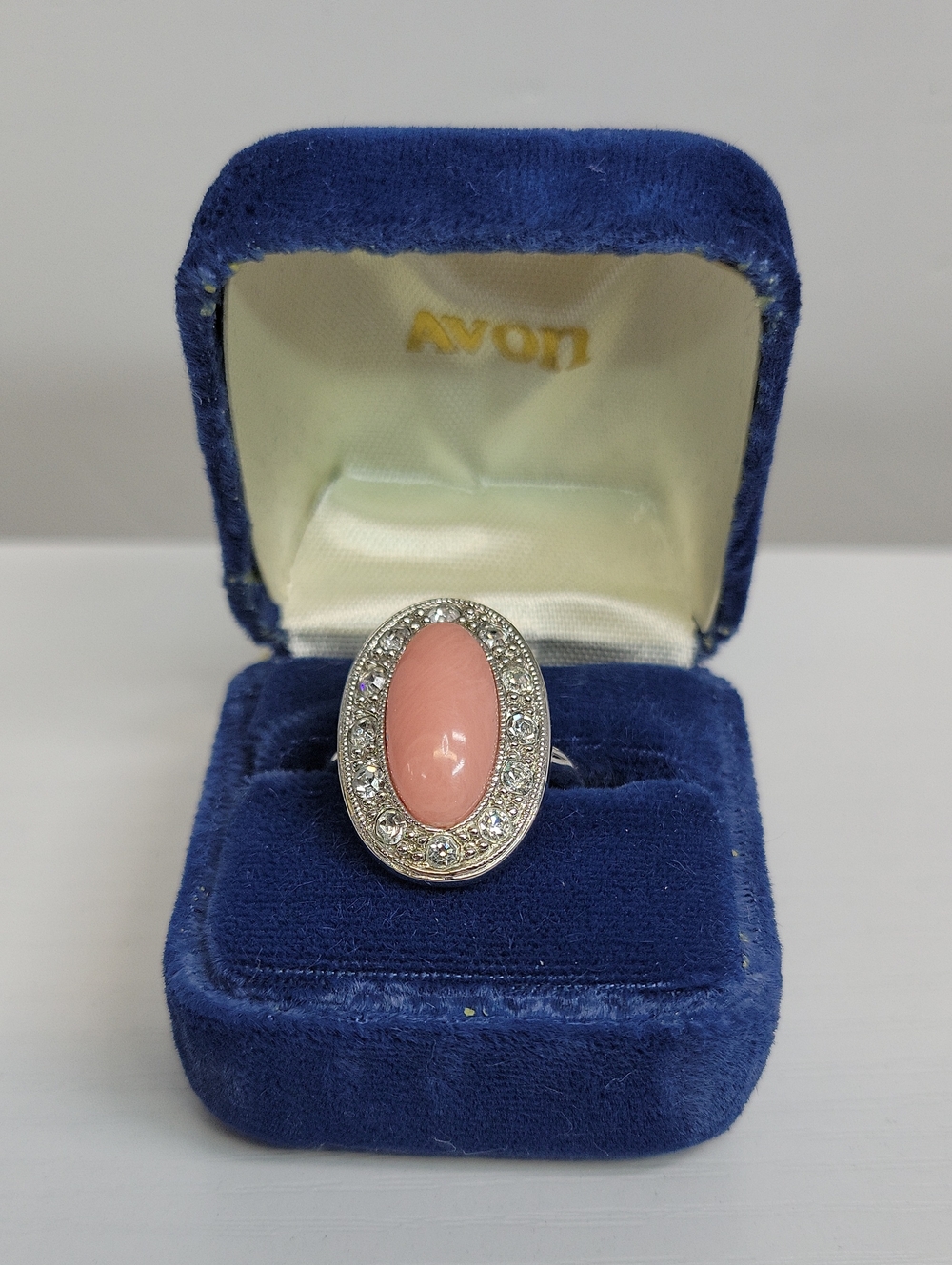 Vintage Avon Pink Cabochon Oval Ring with Crystal Halo